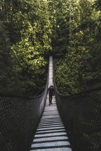 Hängebrücke mit Mann im Urwald
